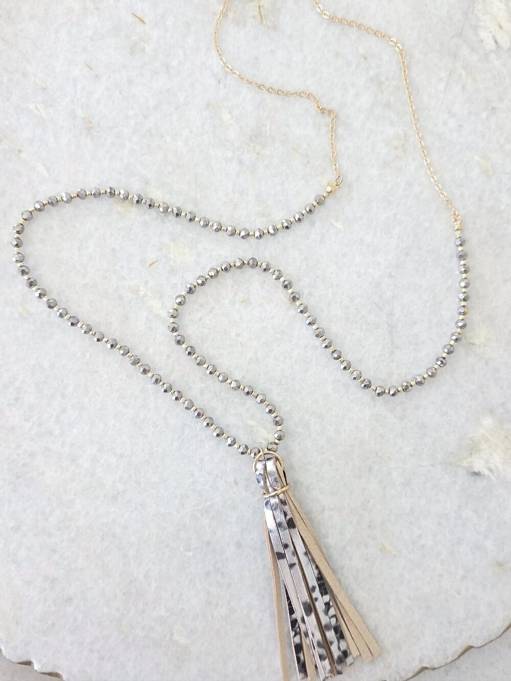 Long Beaded Chain Leather Tassel Pendant Necklace Boho Tan Silver Mixed Fringe